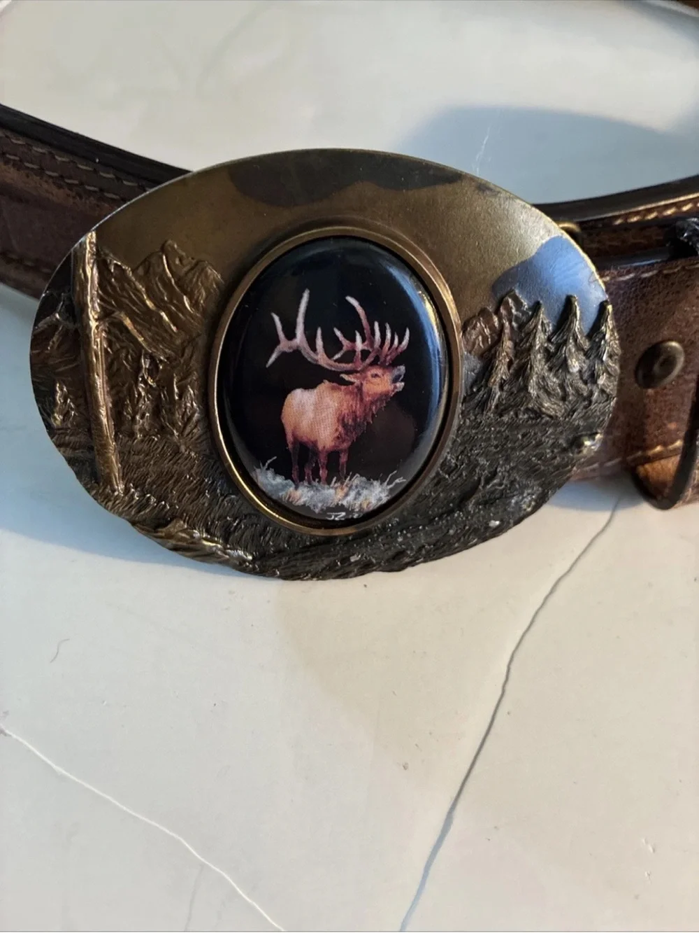 Vtg Tooled Leather Belt Julie Zsupnik Porcelain Moose Belt Buckle 43” W 1.5 Wide